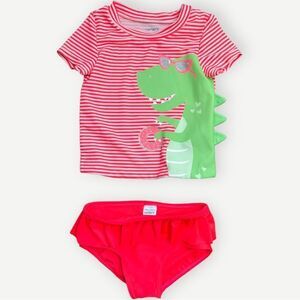 Carter’s Baby Girl Two Piece Short Sleeve Pink Dinosaur Swimsuit. 18 Months.